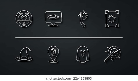 Set line Pentagram in a circle, Witch hat, Ancient magic book, Ghost, Magic stone, wand and Wooden axe icon. Vector