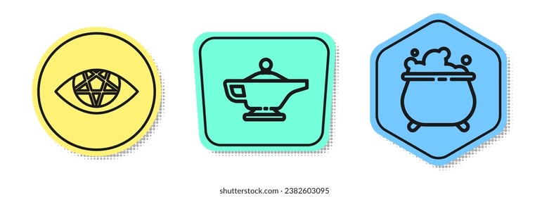 Set line Pentagram, Magic lamp or Aladdin and Witch cauldron. Colored shapes. Vector