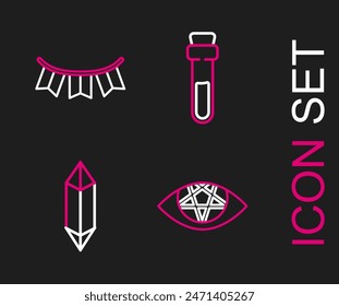 Set line Pentagrama, Piedra mágica, Botella con poción de amor e icono de banderas de guirnalda de carnaval. Vector