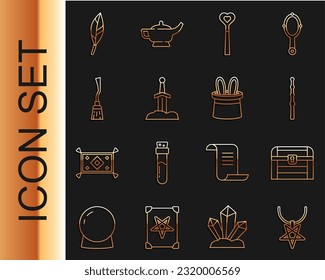 Set line Pentagram on necklace, Antique treasure chest, Magic wand, Sword in the stone, Witches broom, feather and Magician hat rabbit ears icon. Vector