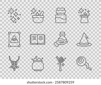 Set line Pentagram on necklace, Eye, Bottle with potion, Witch cauldron, Sparkle stars magic, Ancient book, Magic staff and hat icon. Vector