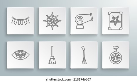 Fijar la línea Pentagram, la telaraña, la escoba de brujas, la bicicleta unicílica o una rueda, el cañón, el libro mágico antiguo y la guirnalda de carnaval con icono de banderas. Vector