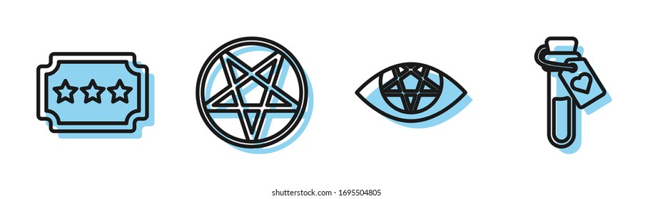 Set line Pentagram, Ticket, Pentagram in a circle and Bottle with love potion icon. Vector