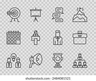 Set line People with lamp bulb, Hierarchy organogram chart, Speech bubble chat, Megaphone, Target arrow, Stage stand tribune, Award cup and Briefcase icon. Vector