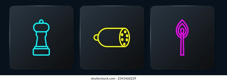 Set line Pepper, Burning match with fire and Salami sausage. Black square button. Vector