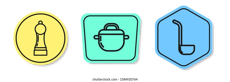 Set line Pepper , Cooking pot  and Kitchen ladle . Colored shapes. Vector