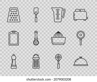 Set line Pepper, Covered with a tray of food, Measuring cup, Salt, Grater, Pizza knife, Spatula and Frying pan icon. Vector