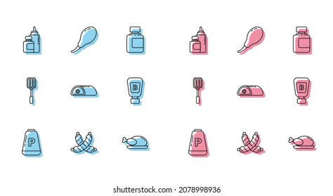Set line Pepper, Crossed sausage, Sauce bottle, Roasted turkey or chicken, Meat, Spatula and Chicken leg icon. Vector