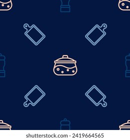Set line Pepper, Cutting board and Cooking pot on seamless pattern. Vector