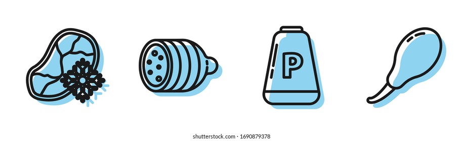 Set line Pepper, Fresh frozen steak meat, Salami sausage and Chicken leg icon. Vector