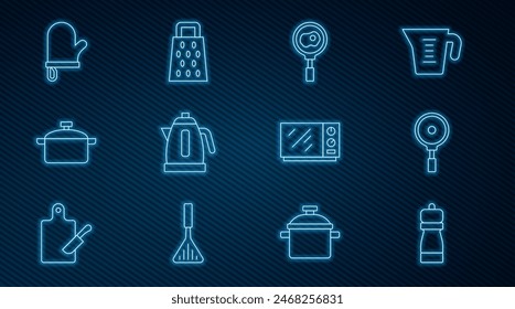 Set line Pepper, Frying pan, Fried eggs on frying, Electric kettle, Cooking pot, Oven glove, Microwave oven and Grater icon. Vector