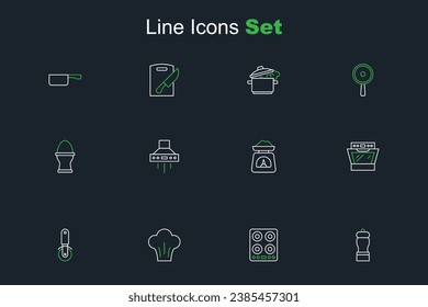 Set line Pepper, Gas stove, Chef hat, Pizza knife, Oven, Scales, Kitchen extractor fan and Chicken egg on stand icon. Vector