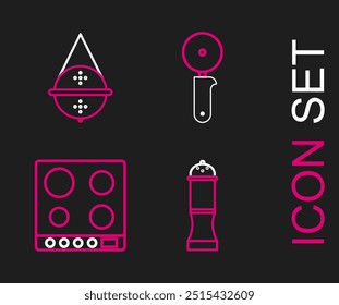 Definir linha Pimenta, fogão a gás, faca Pizza e bola ícone de filtro de chá. Vetor