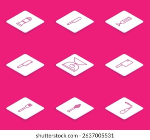 Set line Pepper, Knife, Blender, Bread knife, Scales, Meat chopper, Fork and Honey dipper stick icon. Vector