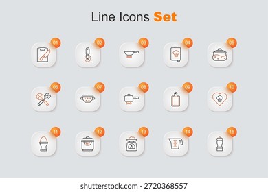 Set line Pimienta, Taza de medición, Escalas, Olla lenta, Huevo de pollo en el soporte, Sombrero de chef, Tabla de cortar y Olla de cocción icono de fuego. Vector