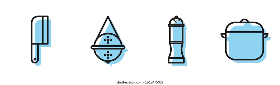 Set line Pepper, Meat chopper, Ball tea strainer and Cooking pot icon. Vector