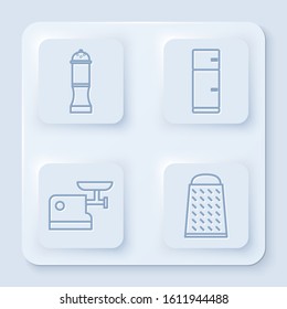 Set line Pepper, Refrigerator, Kitchen meat grinder and Grater. White square button. Vector