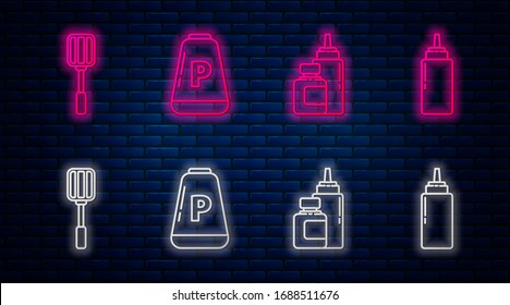 Ponga en línea la botella de Pepper, Sauce, la espátula y la botella de Sauce. Icono de neón brillante en la pared de ladrillo. Vector
