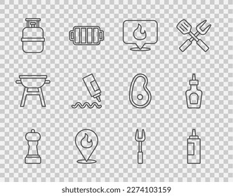 Set line Pepper, Sauce bottle, Location with fire flame, Propane gas tank, Barbecue fork and  icon. Vector