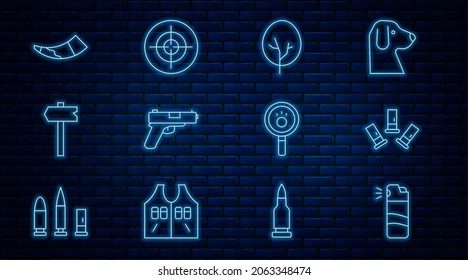 Set line Pepper spray, Cartridges, Tree, Pistol or gun, Road traffic sign, Hunting horn, Paw search and Target sport icon. Vector