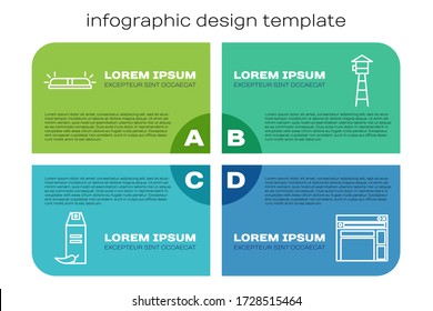 Set line Pepper spray, Flasher siren, Website template and Watch tower. Business infographic template. Vector