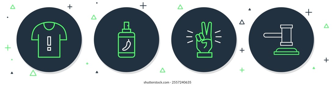 Set line Pepper spray, Hand showing two finger, T-shirt protest and Judge gavel icon. Vector