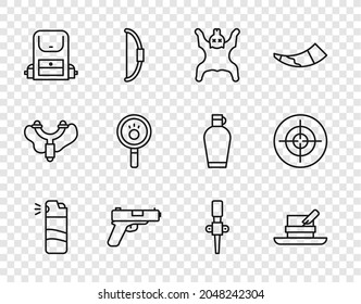 Fijar la línea spray Pepper, sombrero Hunter con plumas, piel de oso, Pistol o pistola, mochila de senderismo, búsqueda de pezuñas, llama de antorcha e icono deportivo Target. Vector