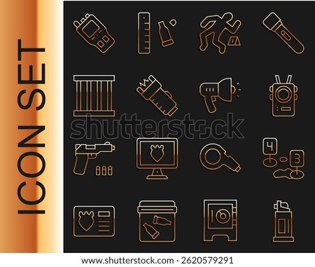 Set line Pepper spray, Marker of crime scene, Police body camera, Crime, electric shocker, Prison window, Walkie talkie and megaphone icon. Vector