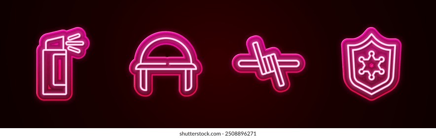 Set line Pepper spray, Military helmet, Barbed wire and Police badge. Glowing neon icon. Vector