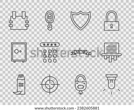 Set line Pepper spray, Motion sensor, Shield, Target sport, Bulletproof vest, Password protection, Lock and key and Paper shredder icon. Vector