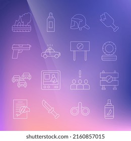 Set line Pepper spray, Road barrier, Lying burning tires, Police helmet, car and flasher, Pistol or gun,  and Protest icon. Vector
