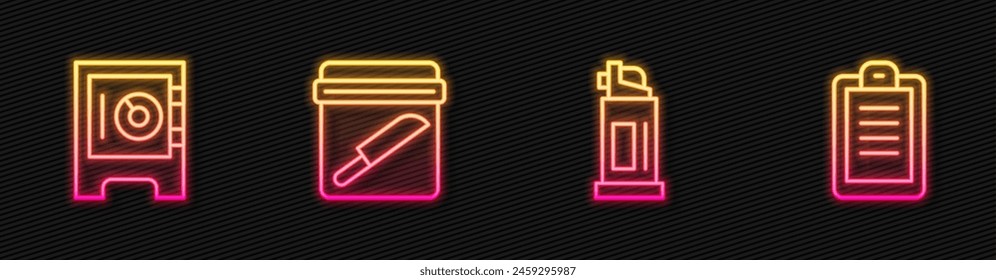 Set line Pepper spray, Safe, Evidence bag with knife and Police report. Glowing neon icon. Vector
