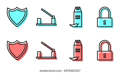 Fije la línea Spray de pimienta, escudo, barrera del coche de estacionamiento e icono de bloqueo. Vector