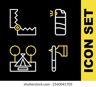 Set line Pepper spray, Wooden axe, Tourist tent and Trap hunting icon. Vector