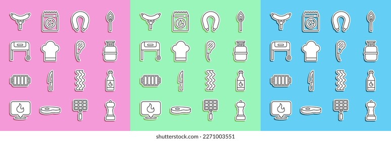 Set line Pepper, Tabasco sauce, Propane gas tank, Sausage, Chef hat, Barbecue grill, on the fork and Rib eye steak icon. Vector