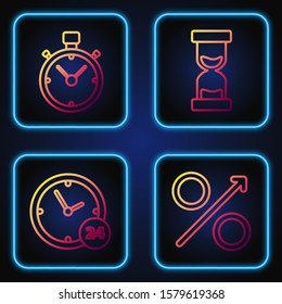 Set line Percent up arrow, Clock 24 hours, Stopwatch and Old hourglass with flowing sand. Gradient color icons. Vector