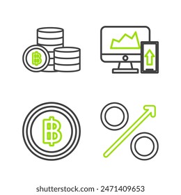 Set line Percent up arrow, Cryptocurrency coin Bitcoin, Financial chart or graph on the computer monitor and mobile phone and  icon. Vector