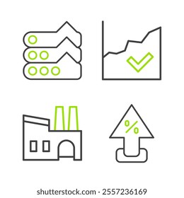 Set line Percent up arrow, Factory, Financial growth increase and Graph, chart, diagram icon. Vector