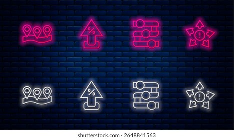 Set line Percent up arrow, Graph, chart, diagram, Location and Many ways directional. Glowing neon icon on brick wall. Vector