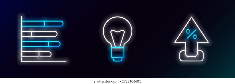 Set line Percent up arrow, Pie chart infographic and Light bulb icon. Glowing neon. Vector