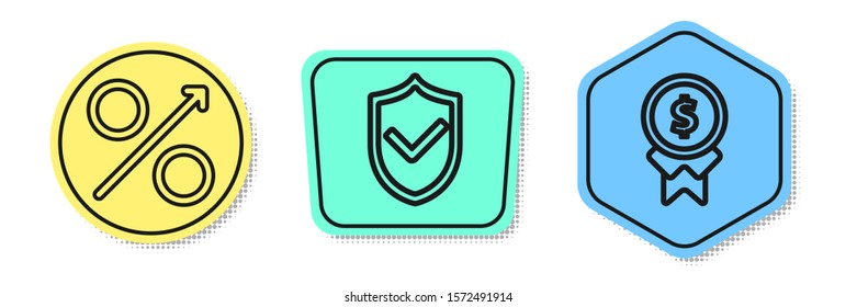 Set line Percent up arrow, Shield with check mark and Reward for good work. Colored shapes. Vector