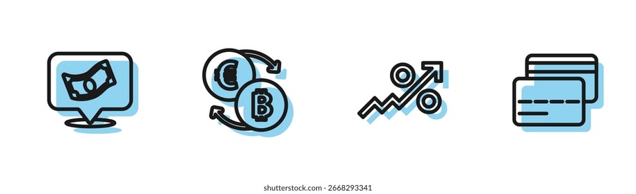 Fije la flecha de porcentaje hacia arriba, acumula dinero en efectivo, intercambio de criptomonedas e icono de tarjeta de crédito. Vector
