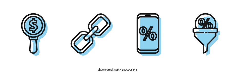 Set line Prozent Rabatt und mobil, Magnifying Glas und Dollar, Kettenlink und Lead Management Symbol. Vektorillustration