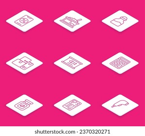 Set-Zeile Prozent Rabatt und mobil, Zinn-Dose mit Kaviar, Gewürz, Kassenautomat, Fischkonserven, Rechner, Kaffeemaschine Flasche und Papier Finanzscheck-Symbol. Vektorgrafik
