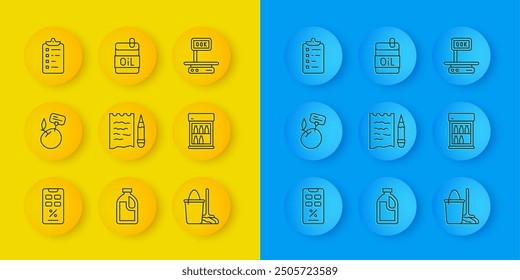 Set line Percent discount and mobile, Supermarket food products with price label, Shopping list pencil, Mop bucket, Commercial refrigerator, Electronic scales and Bottle of olive oil icon. Vector