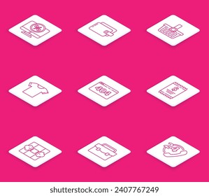 Set line Percent discount and monitor, Wallet, Shopping basket, T-shirt, Page with 404 error, Paper check financial check, Gift box and Briefcase icon. Vector