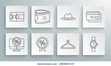 Set line Percent discount and monitor, Stacks paper money cash, Discount percent tag, Hanger wardrobe, Wrist watch, Man hat with ribbon, Credit card and Gift box icon. Vector