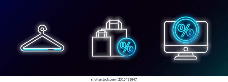 Set line Percent discount and monitor, Hanger wardrobe and Shoping bag with icon. Glowing neon. Vector