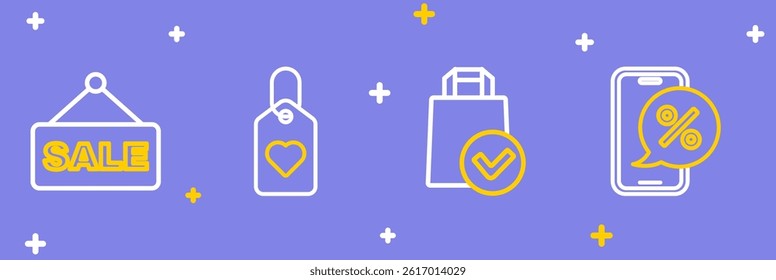 Set line Percent discount on phone, Paper shopping bag, Heart tag and Hanging sign with text Sale icon. Vector