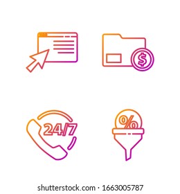Fije el porcentaje de línea de embudo, el teléfono 24 horas de soporte, la compra en línea en la pantalla y sobre con moneda en dólares. Iconos de color degradado. Vector